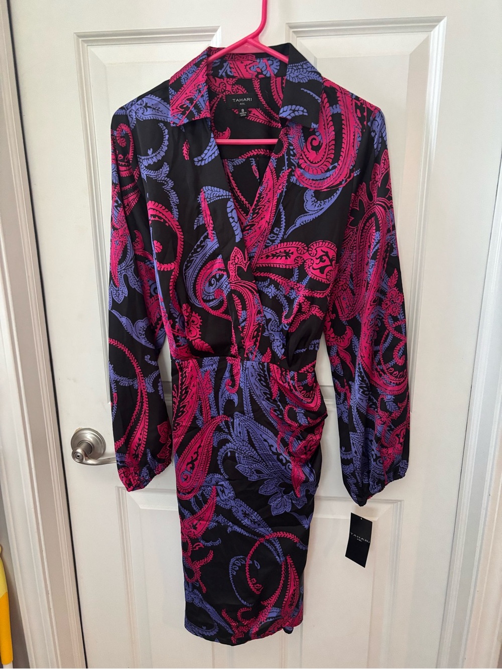 Tahari ASL Black Paisley Wrap Dress with Pink & Purple Print